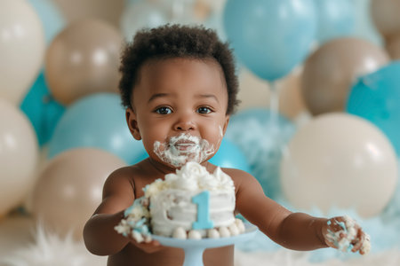 Happy black baby boy eating cake with hands in front of colorful balloons.の素材