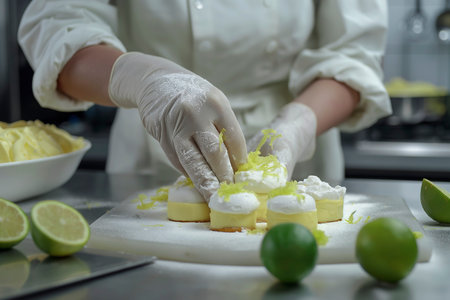 A person in a kitchen is preparing dessert food on a cutting board.の素材