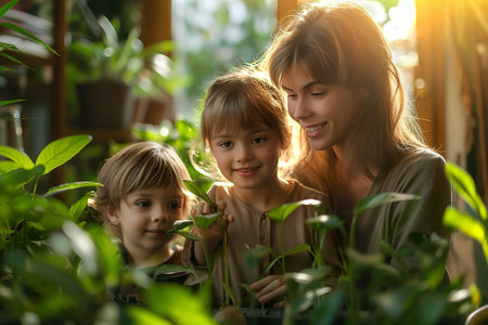 A woman and two children are attentively looking at something together.の素材