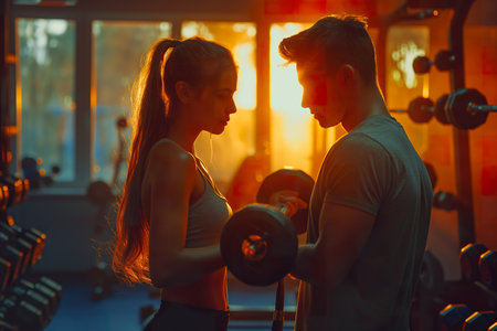 Personal trainer guides athletic woman in gym workout.の素材