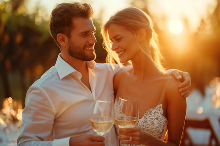 A man and a woman elegantly holding wine glasses as they enjoy a romantic evening together.の素材