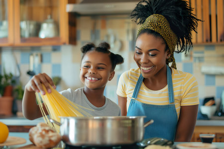 A joyful African American woman and child preparing food together in the kitchen.の素材