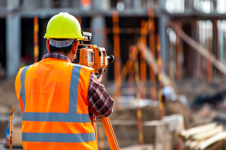 Worker captures progress of building construction on site.の素材