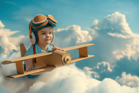 A small boy dreams through the sky in a paper airplane.の素材