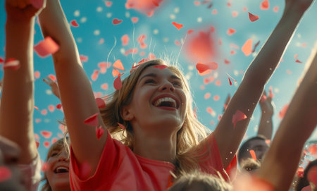 A woman wearing a red shirt is surrounded by colorful confetti in this dynamic scene.の素材