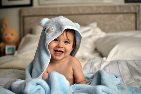 A happy baby laying on a bed covered with a blue blanket, smiling.の素材