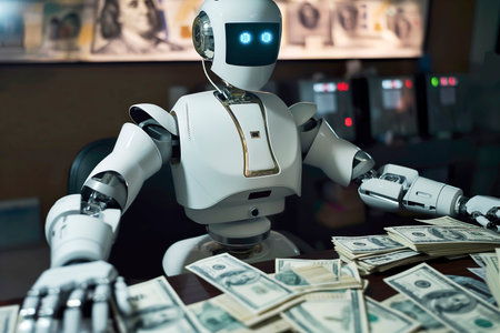 A robot seated at a table with money in front, counting or analyzing the currency.の素材