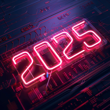 New year "2025" numbers. Cyberpunk neon tubes, font number glowing in the darkの素材