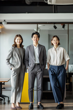 Middle-aged Korean business team standing confidently together.の素材