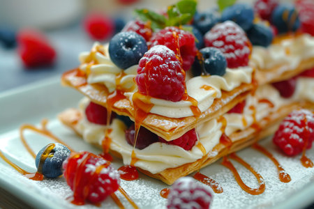 Close-up of white plate topped with fruit-covered crepes drizzled with cream and caramel sauce.の素材