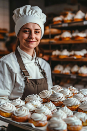 Woman in chefs hat holding a tray of freshly baked cupcakes.の素材