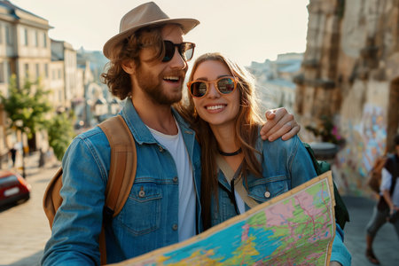 A man and woman stand side by side, happily holding a map in their hands, planning their next adventure.の素材