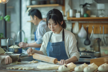 Side view of Asian woman in apron rolling dough in a kitchen while preparing food.の素材