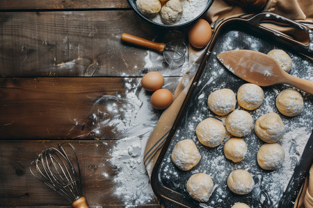 A baking pan filled with donuts next to a whisk in a kitchen setting.の素材