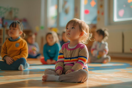 Small Montessori nursery school children sitting and listening attentively on the floor in a room.の素材