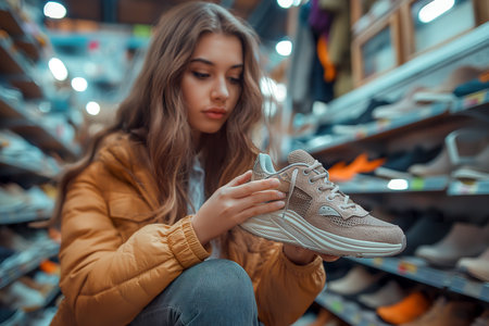 A beautiful young woman carefully examines a shoe in a store, surrounded by various footwear.の素材