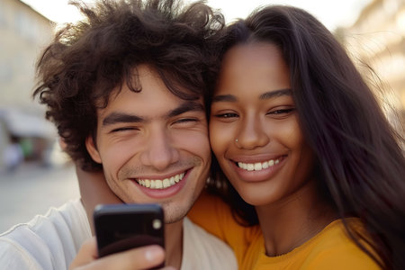 A young couple, smiling and embracing, takes a selfie together.の素材