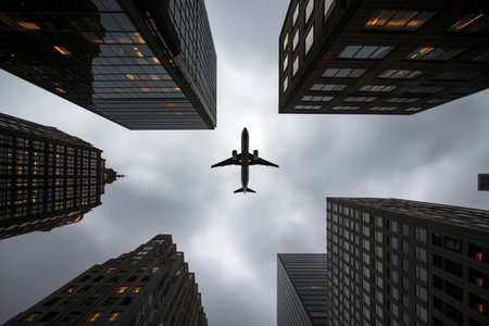 Passenger airplane flying closely between tall urban buildings.の素材