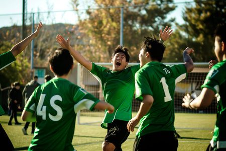 Group of young men energetically playing a game of soccer on a green field.の素材