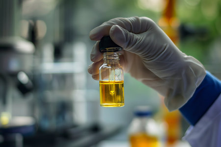 A person in a lab coat holding a bottle of liquid, possibly cannabis oil, in a scientific setting.の素材