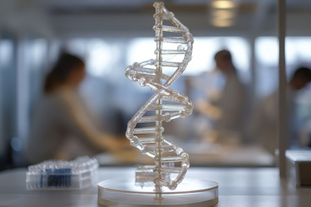 Close-up view of a detailed structural model on a table, showing elements of genetic discovery and editing.の素材