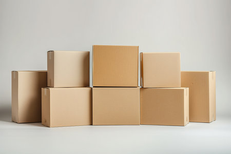 A group of blank cardboard boxes stacked tall in a cascading formation on a white floor.の素材