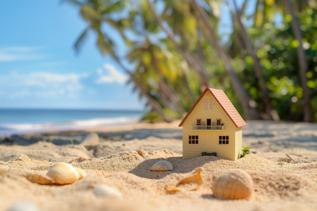 A small house surrounded by sandy beach, blending into the tranquil seaside setting.の素材