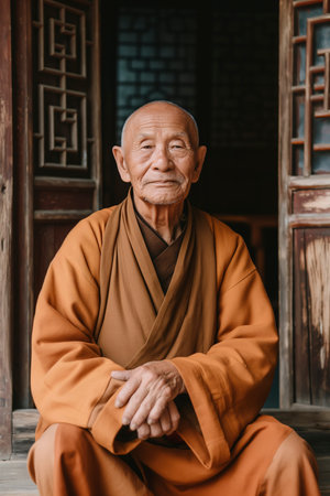 A man buddhist in front of a building nepal sits on the ground.の素材