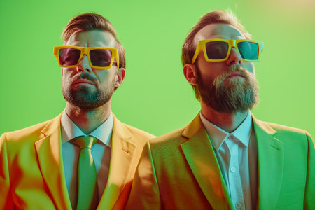 Two stylish men in suits and funky sunglasses posing confidently against a vibrant green backdrop.の素材