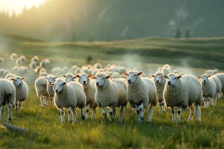 White sheep gracefully moving across a lush green field on a bright morning.の素材