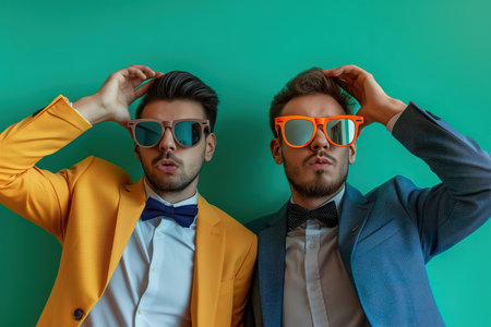 Two suited men with bow ties in quirky eyeglasses strike a pose on a vivid green backdrop.の素材