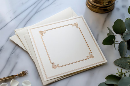 Stack of blank invitation cards with golden borders, styled on a luxurious marble surfaceの素材