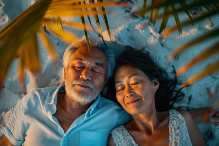 Close-up of an Asian elderly couple experiencing the closeness and warmth of love while lying side by side on a bed.の素材