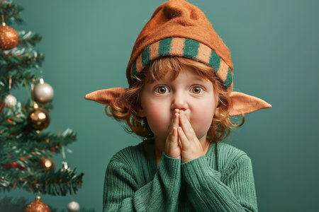 A cute little elf wearing a green sweater and a brown hat, standing next to a Christmas tree, symbolizing a moment of silence.の素材