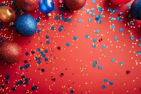 Red background decorated with intricate blue and gold ornaments and confetti.の素材