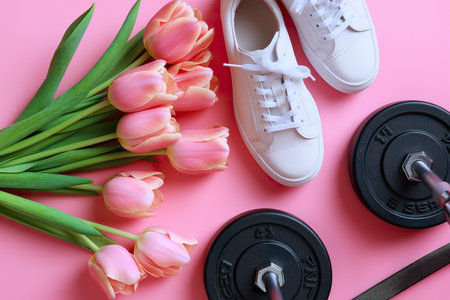 A pair of white tennis shoes placed next to a pair of pink tulips.の素材