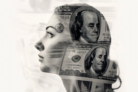 A creative double exposure showcases a woman's face intricately crafted from a mix of cash coins and doll advertisement.の素材