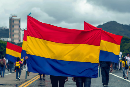 A group of people walking down a street while holding republican Spanish flags.の素材
