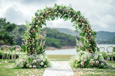 Wedding ceremony setup featuring beautiful flower arches and greenery decorations.の素材