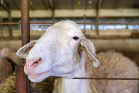 A close up view of a single sheep in a pen on a farm. The sheep is standing and looking directly at the camera, surrounded by wooden fences.の写真素材