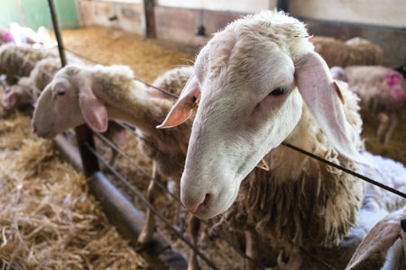 A group of sheep is standing on a large pile of hay indoors. The sheep are surrounded by the hay,...