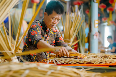 A man skillfully weaving a bamboo basket.の素材