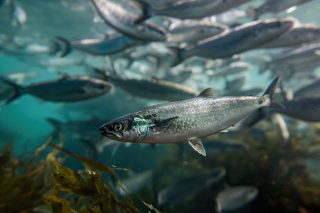 A large group of anchovies and herring swimming gracefully in the vast ocean waters.の素材