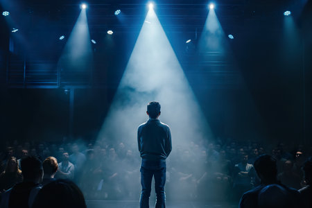 A man confidently delivers a powerful monologue in front of a captivated crowd of people.の素材
