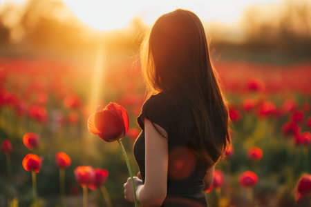 A woman standing in a field of vibrant red flowers, surrounded by petals and greenery.の素材
