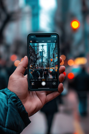 A person holding a cell phone, capturing moments of adventure in the mountain landscape.の素材