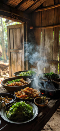 A wooden table decorated with an array of hot and delicious street food dishes.の素材