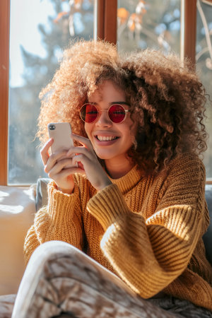 A stylish woman in yellow sweater and red sunglasses is thickened in her cell phone.の素材
