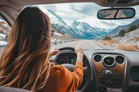 A woman drives along a winding mountain road, her hair flowing in the wind.の素材