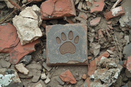 Close-up view of animal tracks embedded in fine sand adjacent to broken concrete. The warm beige sand contrasts with the cool gray debris in a natural setting.の素材